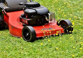 Červená sekačka kosí trávník a plevel